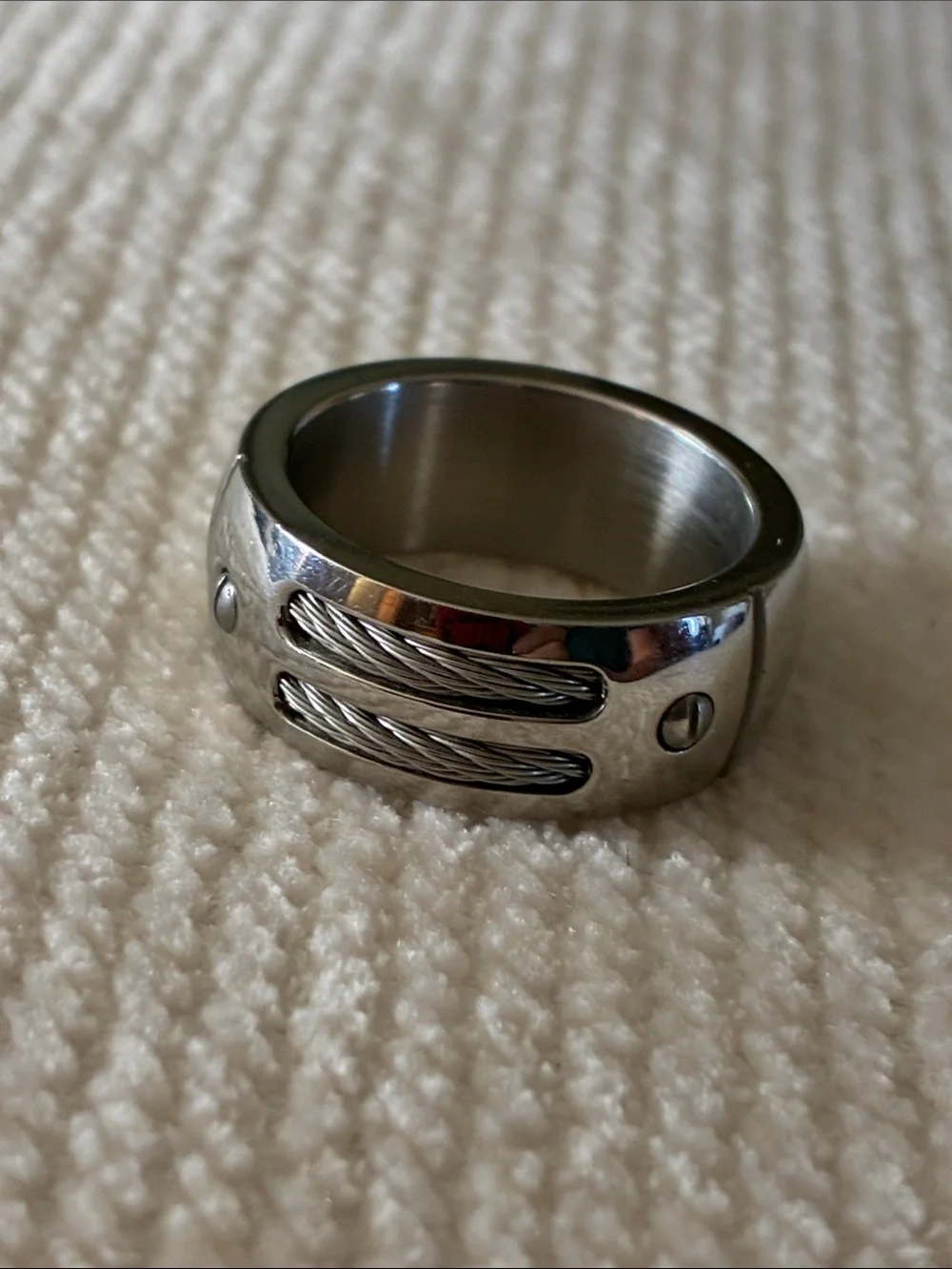 Unisex Stainless Steel Cable Accent Ring - Silver